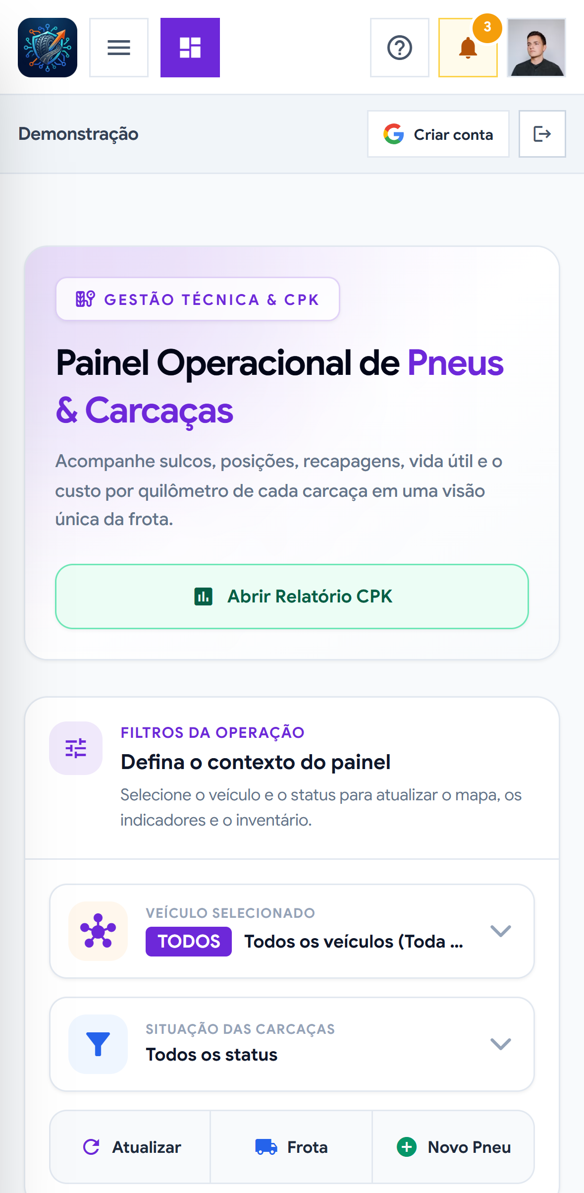 Versão mobile do painel operacional de pneus e carcaças